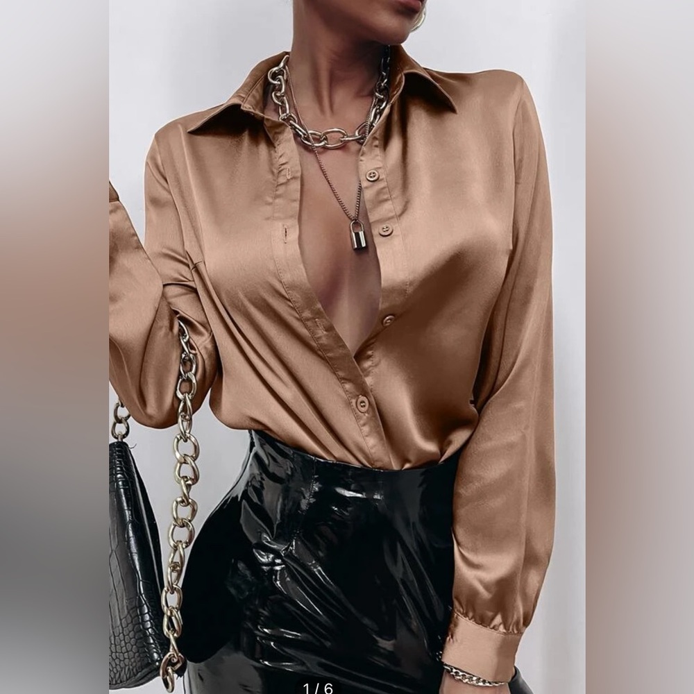 Satin Solid Front Button - Mocha Brown - Size 12 (XL)